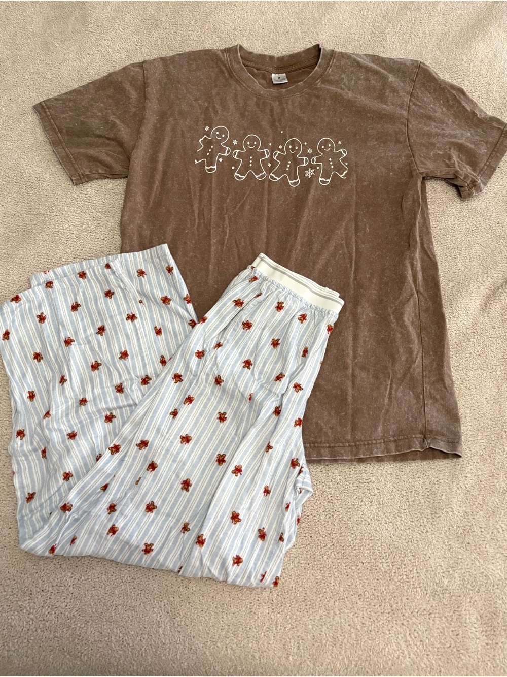 Gingerbread Pajama Set - Brown Top & Striped Pants
